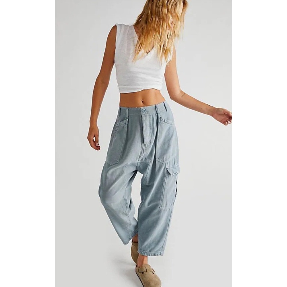 Free People Blue Grey Slub Texture Utility Cargo Pants XS Relaxed Tapered Leg - Picture 1 of 13